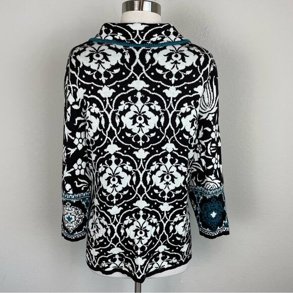 Chico's Green White Black Floral One Button Silk Cotton Cardigan 2 - Picture 6 of 7